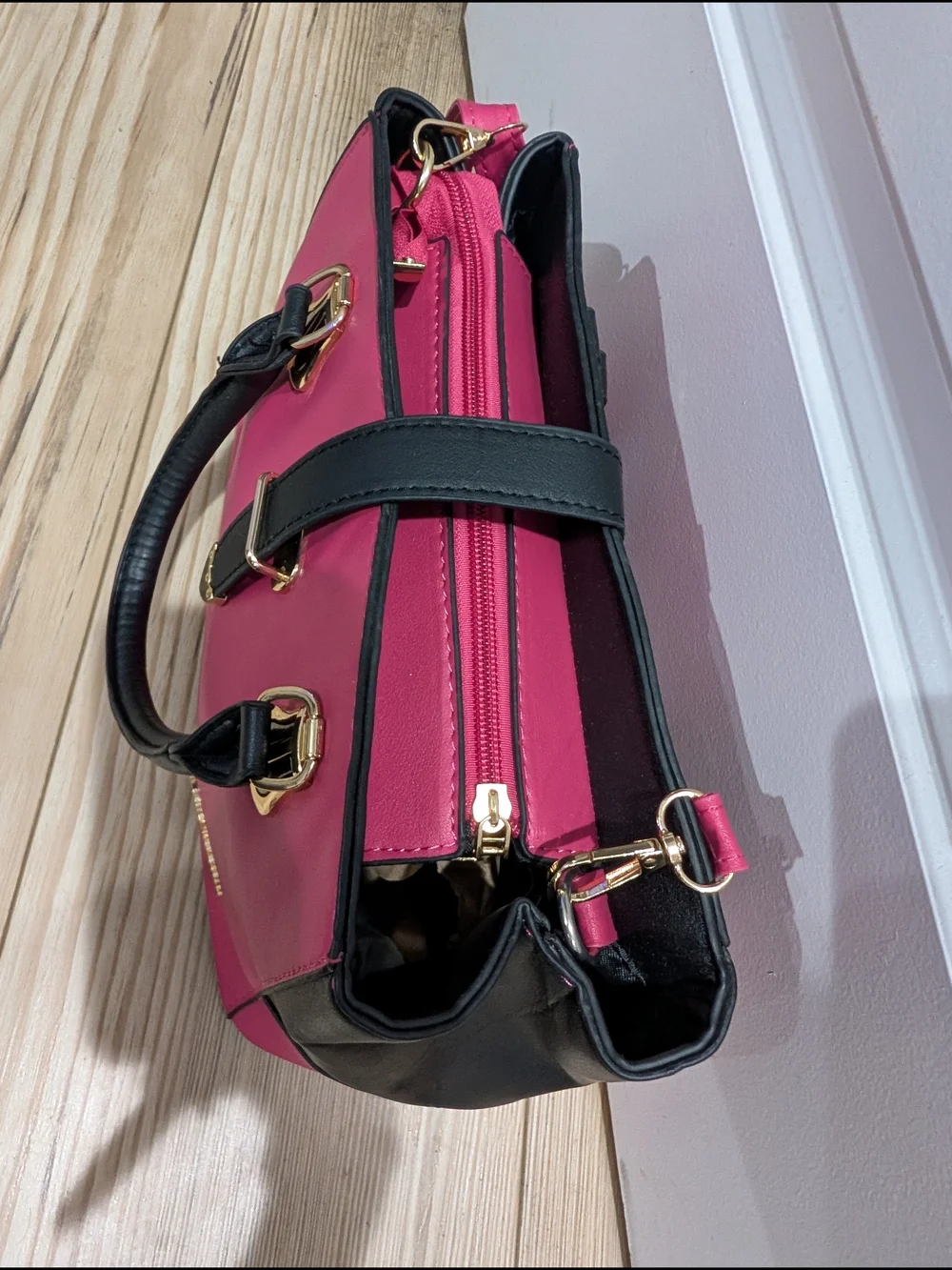 Structured Pink and Black Satchel‎ with Gold Accents